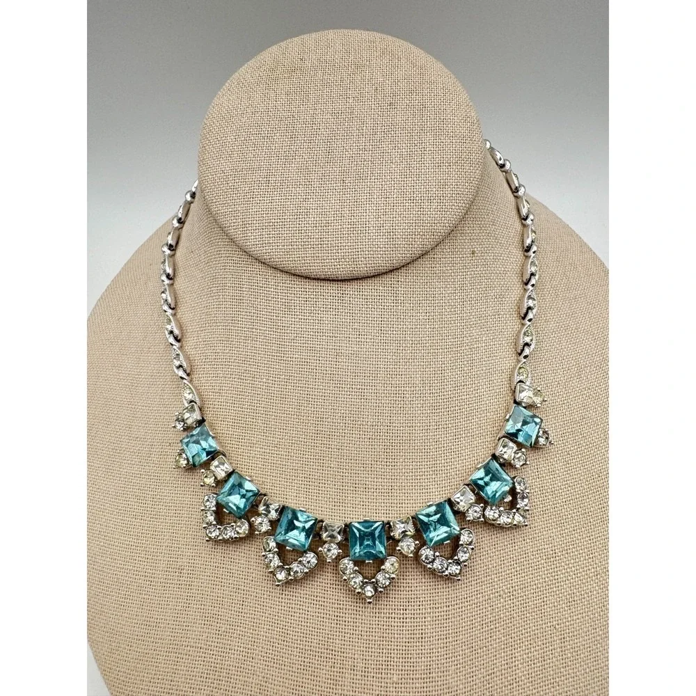 Vintage BOGOFF Necklace Blue Rhinestone Silver Tone MCM Aqua Teal